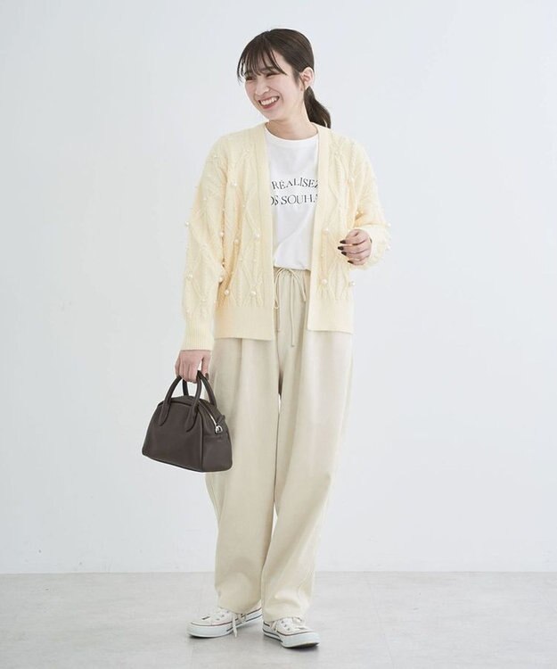 Green Parks パール付ケーブルニットカーディガン Off White