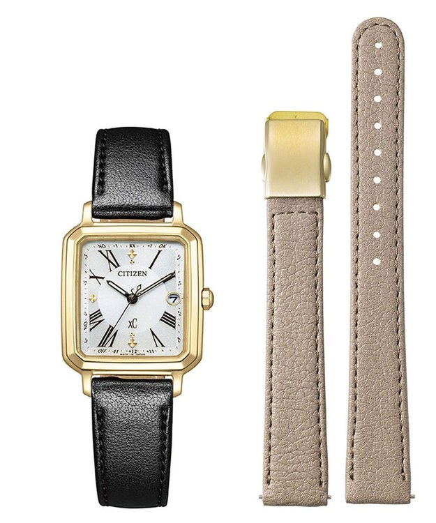 CITIZEN 【替えバンド付き2way】電池交換不要の電波時計 hikari collection Square 2way Model ES9502-12A イエローゴールド