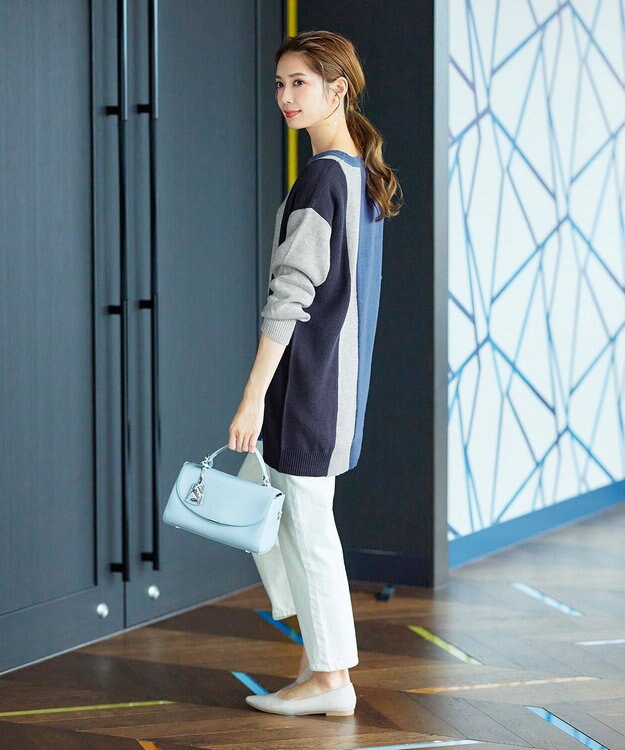 Tiaclasse 【洗える】配色ニットチュニック ブルー