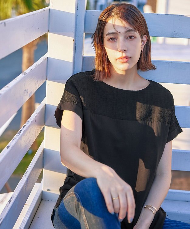 Tiaclasse L 【洗える】シアーコンビチュニックブラウス ブラック