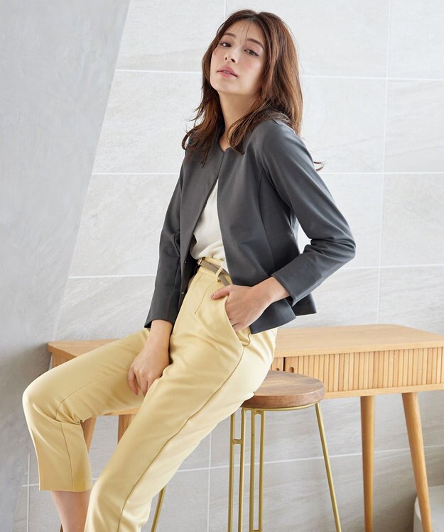 Tiaclasse L 【洗える】ノーカラーポンチジャケット チャコールグレー