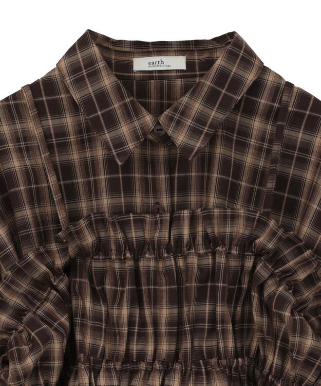 earth music&ecology SET2点チェック柄シャーリングビスチェ＋シャツ Brown