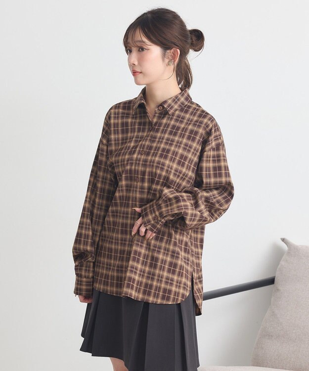 earth music&ecology SET2点チェック柄シャーリングビスチェ＋シャツ Brown