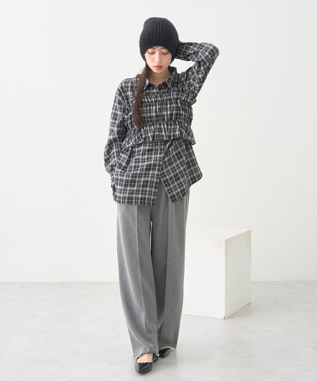 earth music&ecology SET2点チェック柄シャーリングビスチェ＋シャツ Black