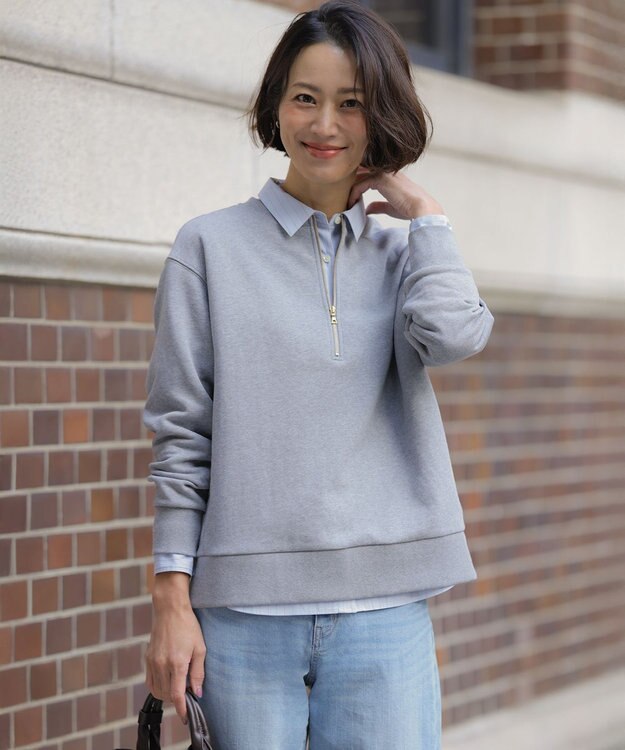 J.PRESS LADIES L 裏毛 ハーフジップ プルオーバー グレー系