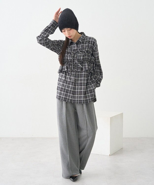 earth music&ecology SET2点チェック柄シャーリングビスチェ＋シャツ Black