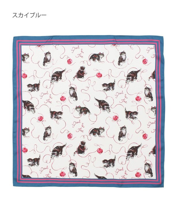 MOONBAT PAUL&JOE ACCESSOIRES(ポール & ジョー) シルクスカーフ 空 オーステルリッツ記念柱 ネコと毛糸 気球 65cm×65cm 手洗いOK スカイブルー