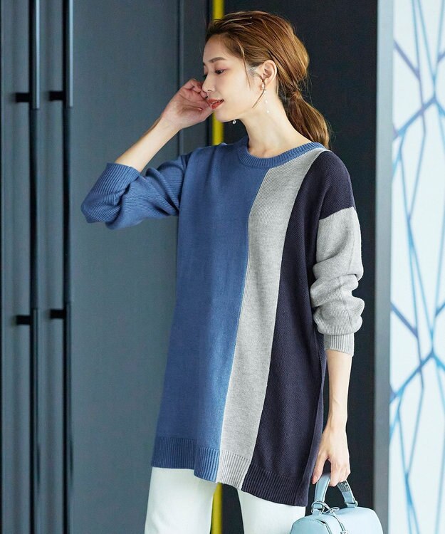 Tiaclasse 【洗える】配色ニットチュニック ブルー