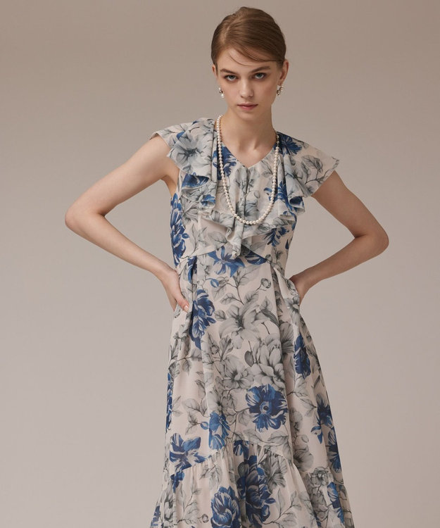 GRACE CONTINENTAL フラワープリントフリルワンピース ベージュ