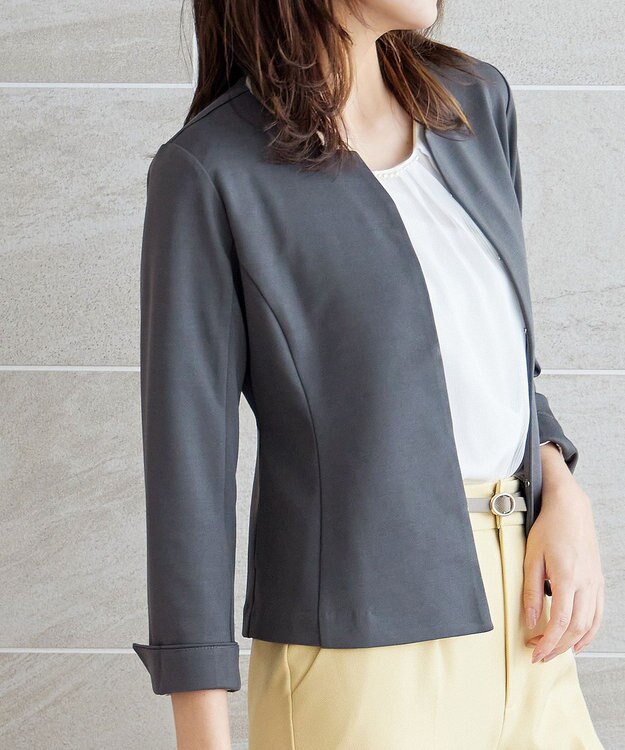 Tiaclasse L 【洗える】ノーカラーポンチジャケット チャコールグレー