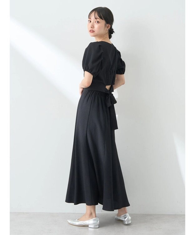 earth music&ecology ＳＥＴ２点バックリボンブラウス＋フレアスカート Black