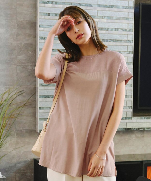 Tiaclasse L 【洗える】シアーコンビチュニックブラウス ピンク