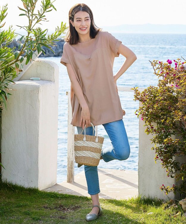 Tiaclasse L 【洗える】シアーコンビチュニックブラウス ピンク