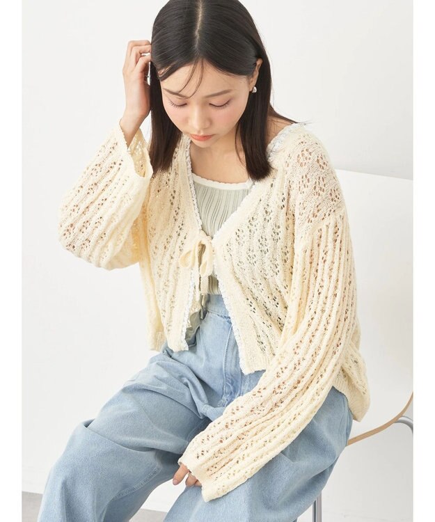 earth music&ecology テープヤーンリボンカーディガン Cream