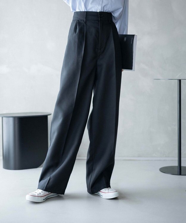 WEGO 【手洗い可】ハイウエストセンタープレスワイドパンツ ブラック