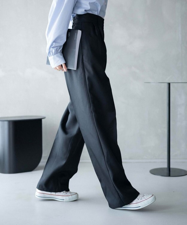 WEGO 【手洗い可】ハイウエストセンタープレスワイドパンツ ブラック