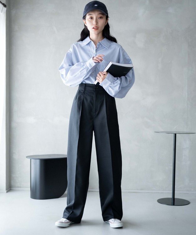 WEGO 【手洗い可】ハイウエストセンタープレスワイドパンツ ブラック