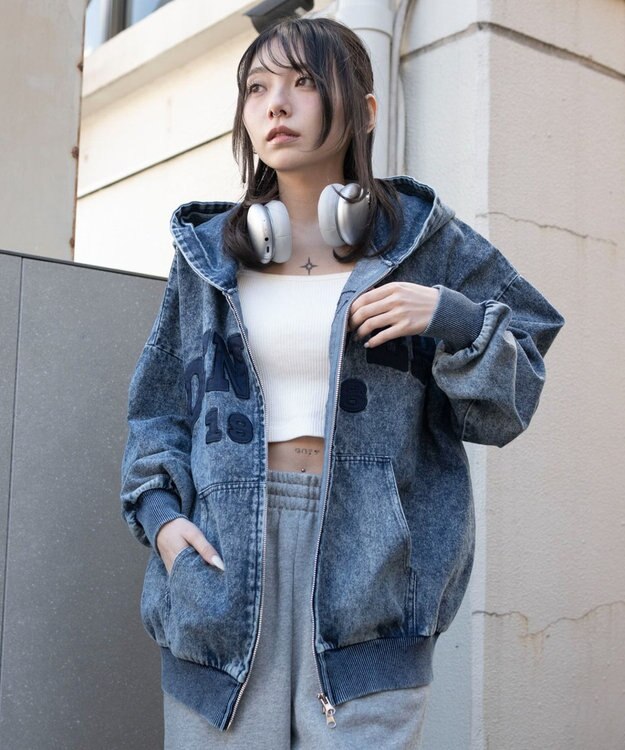 WEGO カレッジロゴBIGZIPパーカー デニム中濃加工色