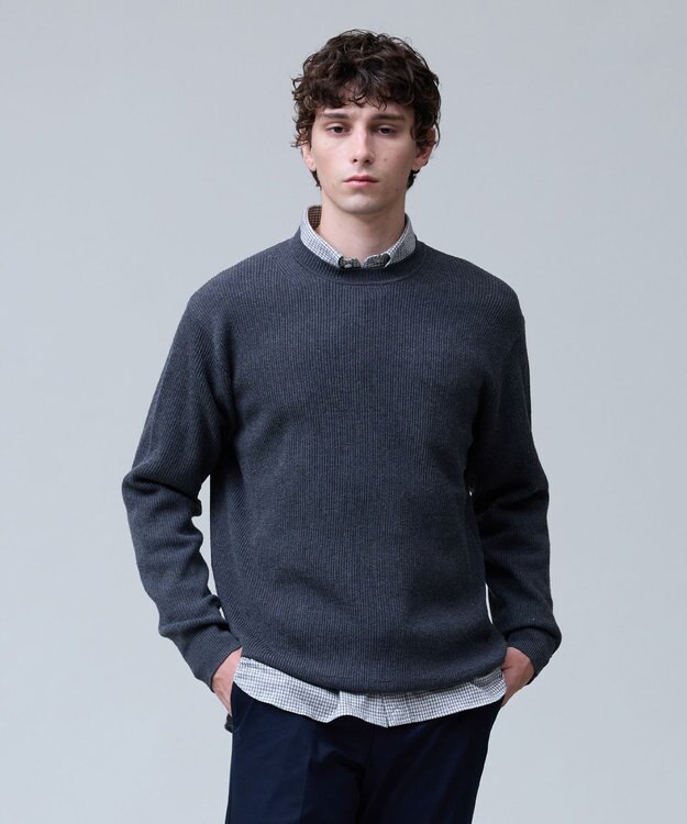 J.PRESS MEN 温かさと軽さの快適素材【ストレッチ / イージーケア】【FLEX YARN】片畔クルーネック ニット グレー系