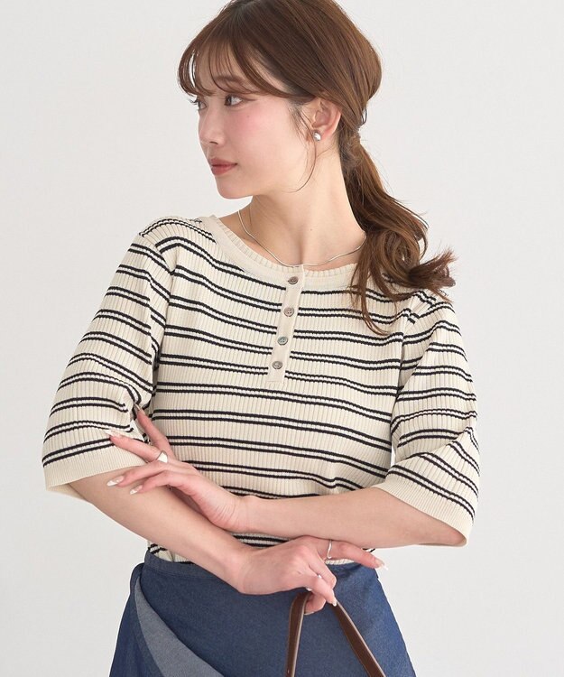 earth music&ecology ヘンリーネック半袖ニットプルオーバー Border
