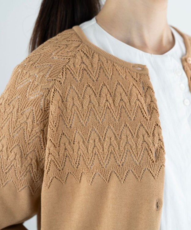 muuc 〈コットン100%強撚糸〉〈通気性が高いドライタッチな素材〉肩周り透かし編み・袖口レース編み コットンカーディガン L.BRN  ライトブラウン