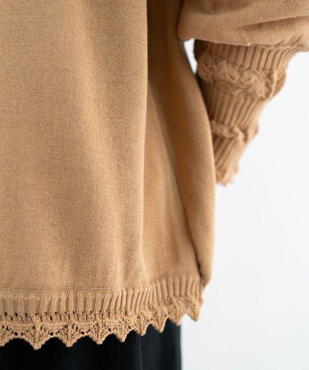 muuc 〈コットン100%強撚糸〉〈通気性が高いドライタッチな素材〉肩周り透かし編み・袖口レース編み コットンカーディガン L.BRN  ライトブラウン