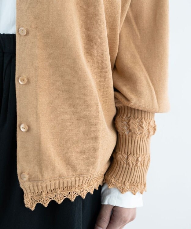 muuc 〈コットン100%強撚糸〉〈通気性が高いドライタッチな素材〉肩周り透かし編み・袖口レース編み コットンカーディガン L.BRN  ライトブラウン