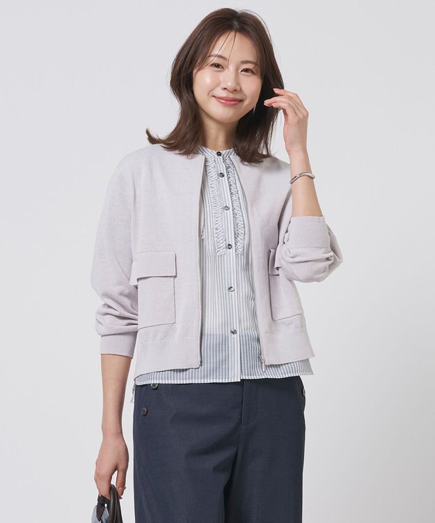 J.PRESS LADIES L LINEN COTTON BLEND ニット ブルゾン ライトグレー系
