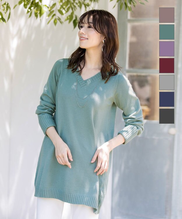 Tiaclasse L 【洗える】幅広く活躍が期待できるVネックリブニットチュニック ミント