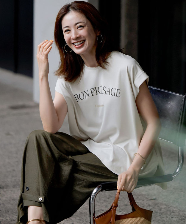 23区 L 【接触冷感/洗える】BON-PRESAGE ロゴ フレンチスリーブ Tシャツ ライトグレー系