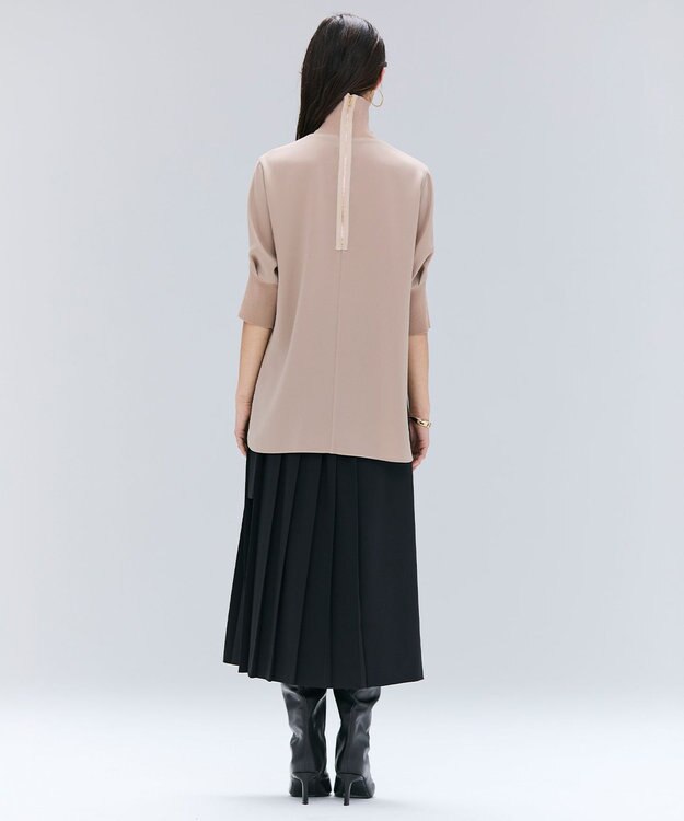 BEIGE， 【洗える】FLEUR / ニットコンビハイネック半袖ブラウス Beige