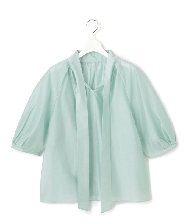 23区 L 【WEB&一部店舗限定/洗える】ライトシアーミクスチャー ボウタイ ブラウス スモーキーグリーン系