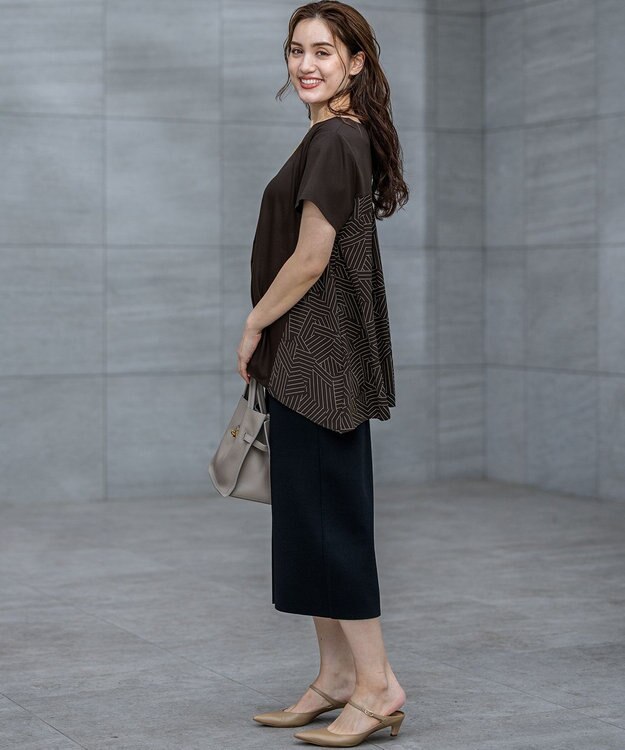 23区 L 【Lサイズ限定/洗える】スカーフプリントコンビ バックフレア カットソー ブラウン×ベージュ