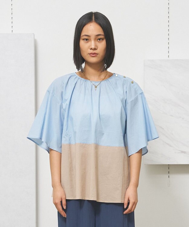 J.PRESS YORK STREET 【WOMEN】バイカラーギャザー ブラウス サックスブルー系1