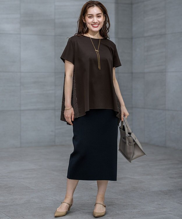 23区 L 【Lサイズ限定/洗える】スカーフプリントコンビ バックフレア カットソー ブラウン×ベージュ