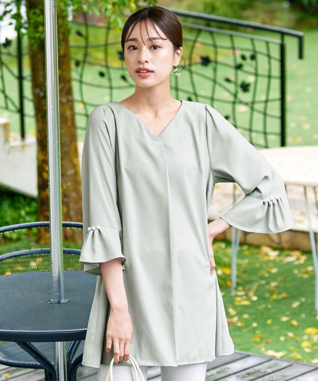 Tiaclasse 【洗える】タックフレアパール付き袖チュニックブラウス ミント