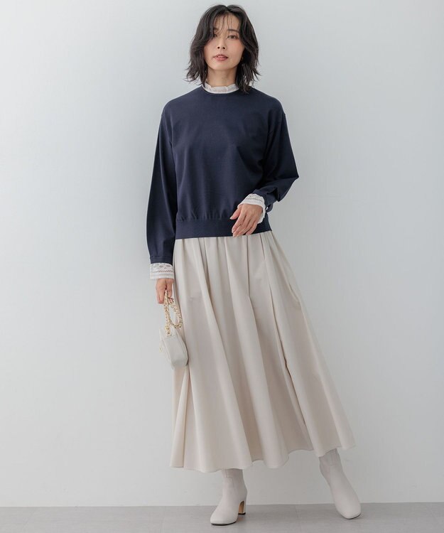 23区 【洗える】ヴィスコースストレッチ レースコンビ ニット ネイビー系