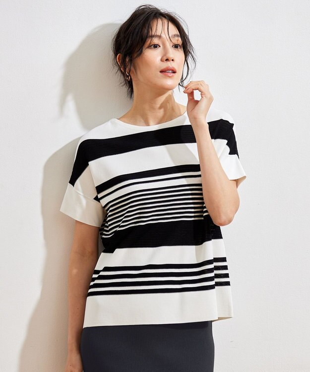 自由区 【UVカット・洗える】クレープストレッチボーダー ニット オフホワイト×ブラック(ボーダー)