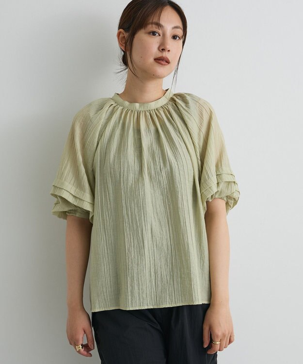 CRAFT STANDARD BOUTIQUE ストライプジャカードパフスリーブブラウス Light Khaki