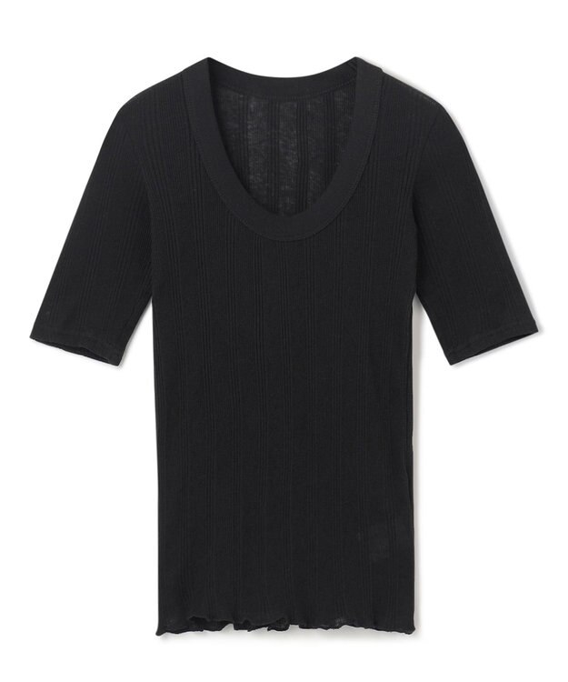 uncrave 【手洗い可】シアー ランダムリブ Uネック カットソー（uncrave STANDARD） ブラック