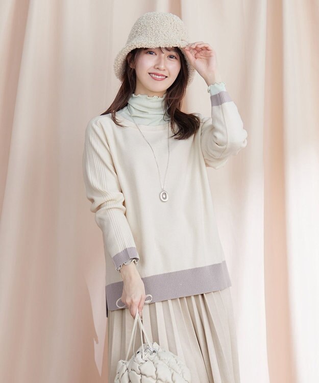 Tiaclasse 【洗える】 配色スリットニットトップス オフホワイト