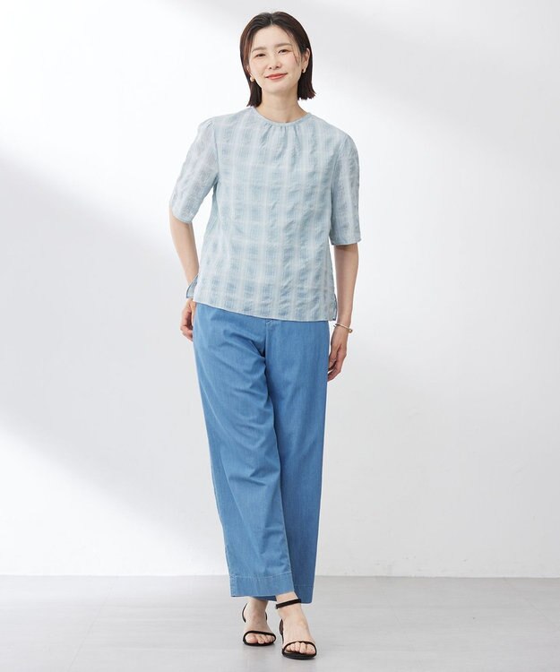 J.PRESS LADIES S 【洗える】SHEER チェック フレアスリーブ ブラウス アクアグリーン系