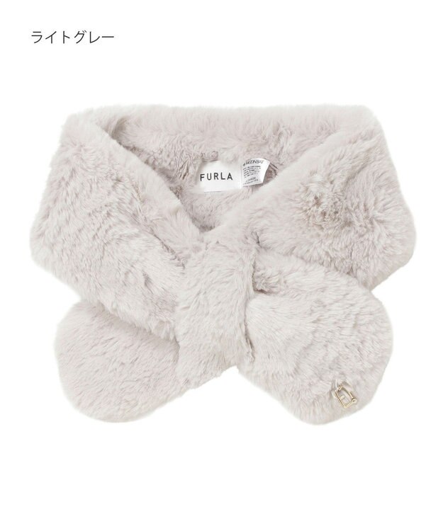 MOONBAT FURLA（フルラ）プチリボンマフラー  アーチロゴ フェイクファー ライトグレー