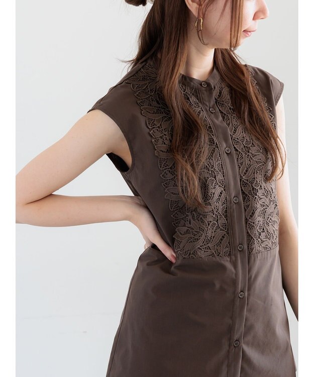 Te chichi リーフレースノースリーブチュニックシャツ ブラウン