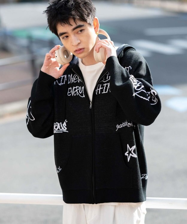 WEGO ジャガードグラフィックニットZIPパーカー ブラック