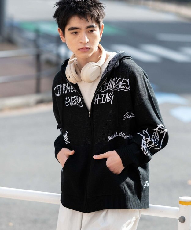 WEGO ジャガードグラフィックニットZIPパーカー ブラック