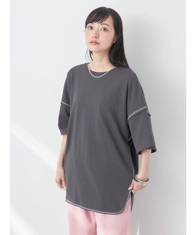 earth music&ecology 配色ステッチチュニックＴ Charcoal Gray
