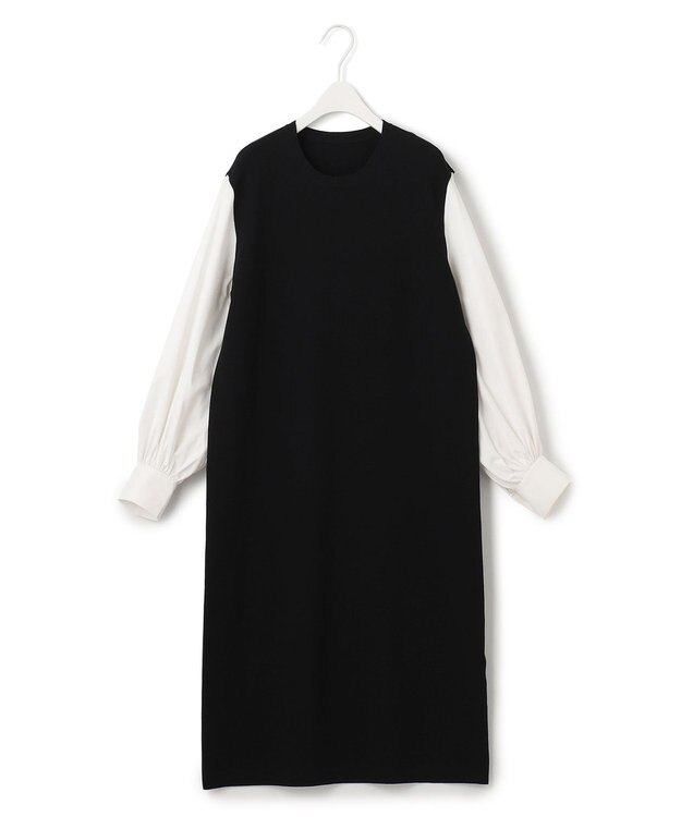 ICB 【洗える】クロスコンビ シャツドッキング ニットワンピース ブラック系