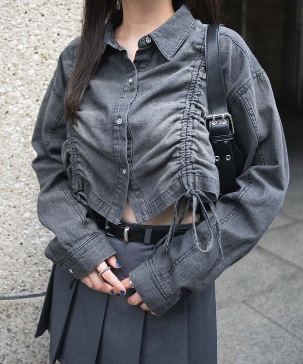 WEGO ドロストデニムショートシャツ デニムブラック