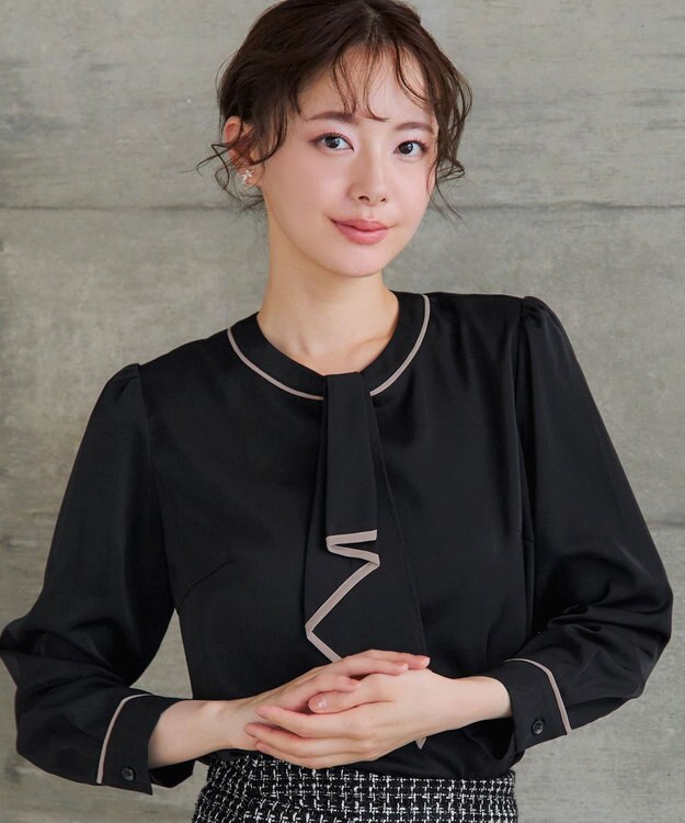Tiaclasse 【2WAY・洗える】取り外し可能な​配色パイピングボウタイブラウス ブラック